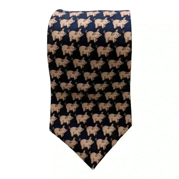 Hunting Horn Designed For J. Riggings Blue With Pink Pigs Silk Tie Made in USA - Picture 1 of 8
